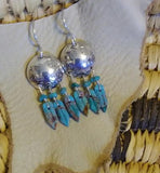 Navajo Earrings Dangle Concho with Turquoise Feathers Sterling Silver Turquoise Stone .75"L No Makers Mark